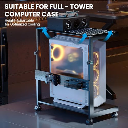 EUREKA ERGONOMIC Height Adjustable Computer Tower Stand, Illuminated Glass Panel PC Stand w/RGB Lights, 2-Tier CPU Holder Cart Under Desk, PC Floor Stand for Office Gaming, APP Control - color: Mix Color Lite