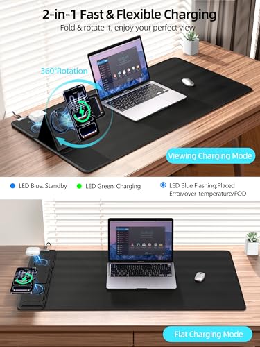 Mouse Pad with Magnetic Wireless Charging & Adjustable Phone Stand, 31.5"x15.8" Extended Desk Mat, Waterproof Ultra-Smooth Keyboard Pad, Non-Slip Base, with 20W PD Adapter, Black - color: Black-31.5"x15.8"-Magnetic Stand(with Adapter)