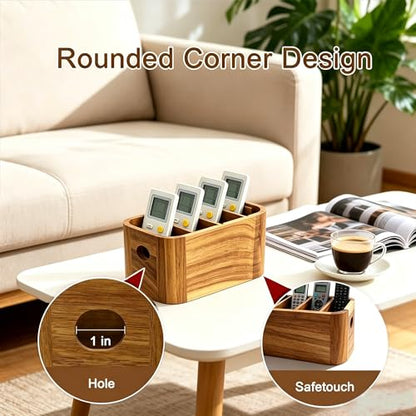 Acacia Wood Remote Control Holder, TV Remote Holder - 4 Compartment Remote Control Storage Organizer, Small Wooden Desktop Caddy for Coffee Table, Nightstand, Living Room, Office, Vanity