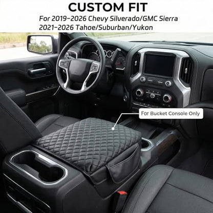 Center Console Cover with Side Pocket for 2019-2026 Chevy Silverado/GMC Sierra and 2021-2026 Tahoe/Suburban/Yukon, Car Armrest Cushion Pad Leather Protective Cover (for Bucket Seat Consoles)