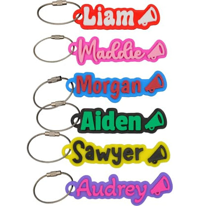 SuperFineDeesigns Bag and Water Bottle Name Tag with Cable – Custom Durable 3D Printed Name Tag Backpack & Sports Bottles - style: Cheerleading Megaphone
