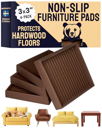 CasterMaster Non-Slip Rubber Pads - 3x3 in Brown, 4 Pack | Rubber grippers & feet - Use for chairs & furniture on hardwood floors, keep from sliding - color: Brown, size: 3'' x 3'' (Pack of 4)