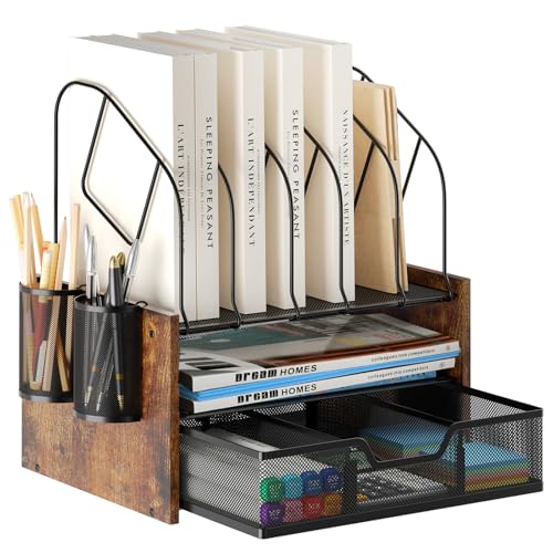 Desk Organizer with Drawer, Desktop File Organizer and Paper Tray Organizer with Vertical File Holder, Office Desk Accessories for Mail, Documents, Papers, Notebooks and Home Office Storage - size: 2 Tier Drawer with Vertical File Holder