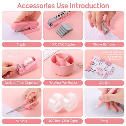 SKYDUE Pink Desk Accessories 10Pcs, Rotating Pen Holder for Desk, Stapler, Staple Remover, Tape Dispenser,2pcs Tape Refills, Binder Paper Clips Kit, Scissor,Pink Office School Supplies - color: Pink
