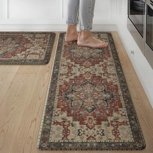 GENIMO Kitchen Mats for Floor 2PCs, Washable Anti Fatigue Mat for Cushioned, 17.3"x47"+17.3"x30", Waterproof Kitchen Rugs, Non Slip Comfort Standing Mat Rug for Home, Sink, Laundry, Bordeaux - color: Bordeaux Red, size: 17.3"x47"+17.3"x30"--0.4 inches
