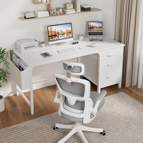 Lufeiya White Computer Desk with Fabric File Drawers Cabinet, 55 Inch Reversible Desks with Storage Filing Cabinet for Home Office, Modern Writing Table PC Desks for Bedroom, White - color: White, size: 54.6"
