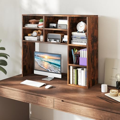 Giantex Desktop Bookshelf, Desk Hutch Dorm w/ 7 Cubes & 3 Adjustable Shelves, Desk Shelf for Up to 27" Computer Monitors, Wooden Desktop Storage Organizer for Dorm College Office Home, Rustic Brown - color: Rustic Brown, size: 7 Shelves (31"H)