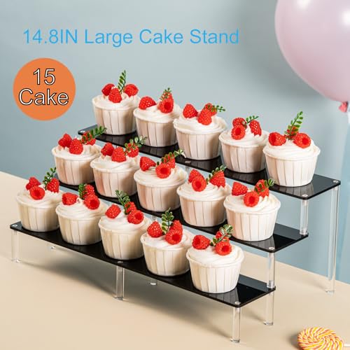 HENABLE Black 14.8 IN Large Acrylic Perfume Organizer Stand, Clear Display Risers for Perfume, Cologne, Cosmetic, Skincare, Funko POP, Dessert Display, Cupcake Stand Holder - size: Black 3-Tier Large 14.8IN