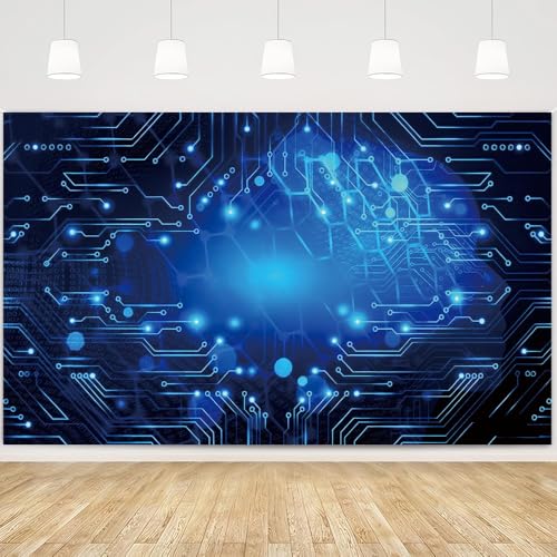 8x6FT Blue Glow Circuit Board Photo Backdrop Tech Theme Sequin Glitter Photography Background Digital Innovation Electronics Event Party Banner Decoration Supplies Polyester - size: 8x6FT