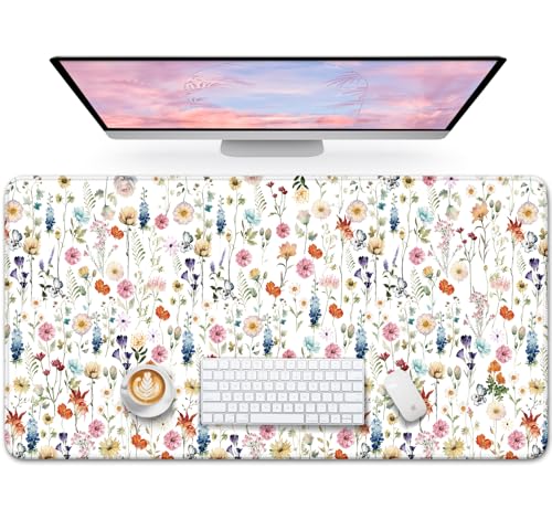 Large Mouse Pad for Desktop, Cute Desk Mat Pad Protector for Work & Gaming, Aesthetic Pretty Anti-Slip Laptop Blotter Cover for Office School Home Supplies, Wildflowers, 35.4" x 15.7" - color: A-Wildflowers, size: 35.4L x 15.7W inches