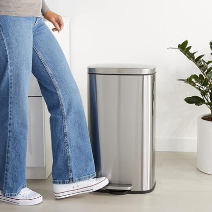 Amazon Basics MEDIUM Trash Can, 7.9 Gallon (30L), Smudge Resistant Rectangular Bin with Soft-Close Lid, Step Foot Pedal, Removable Inner Bucket, Brushed Stainless Steel, Satin Nickel Finish - size: Middle, 30L/7.9 Gal