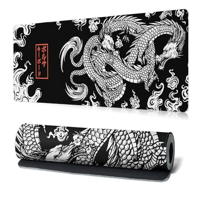 Black and White Mouse Pad Extra Large Gaming Mousepad Dragon Desk Mats Japanese Full Keyboard Mat Computer Pad Desk Mat with Stitched Edges Non-Slip Desktop 31.5 x11.8 in - color: Dragon