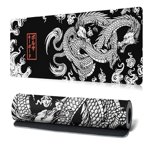 Black and White Mouse Pad Extra Large Gaming Mousepad Dragon Desk Mats Japanese Full Keyboard Mat Computer Pad Desk Mat with Stitched Edges Non-Slip Desktop 31.5 x11.8 in - color: Dragon