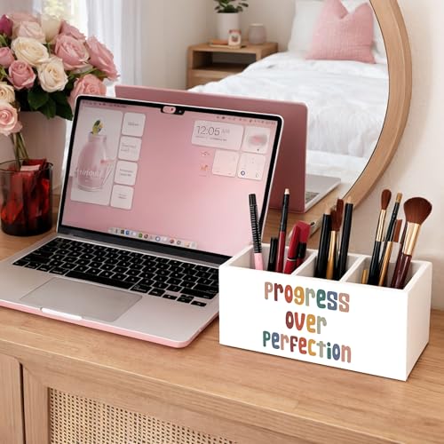 Progress Over Perfection Wooden Pen Holder | Motivational “Progress Over Perfection” design; 3-compartment wooden pencil caddy for office, home, or classroom desk. - color: Progress Over Perfection