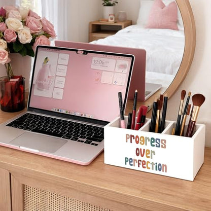 Progress Over Perfection Wooden Pen Holder | Motivational “Progress Over Perfection” design; 3-compartment wooden pencil caddy for office, home, or classroom desk. - color: Progress Over Perfection