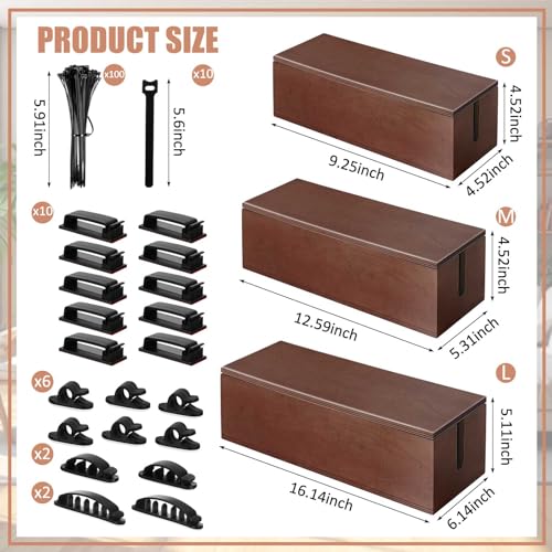 3 Pcs 3 Size Wooden Cable Box Organizer Set with 130 Pcs Cable Management Kit, Desk Cord Hider Cord Holder to Hide Wires Power Strips(Walnut Color)