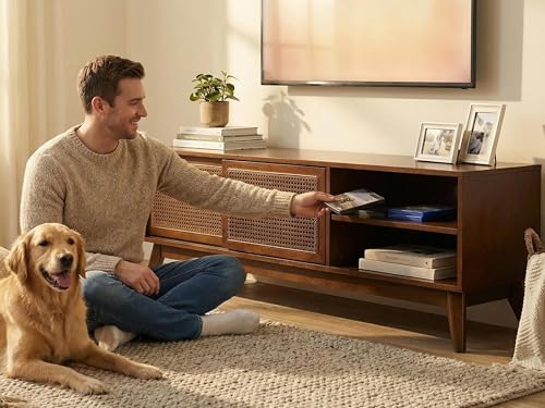 LKTART Boho Mid Century TV Stand,59" Rattan Entertainment Center,Media Console with Solid Wood Legs,Adjustable Feet & Divided Storage,TV Cabinet for 65 Inch TV,Dark Walnut - color: 59" Dark Walnut