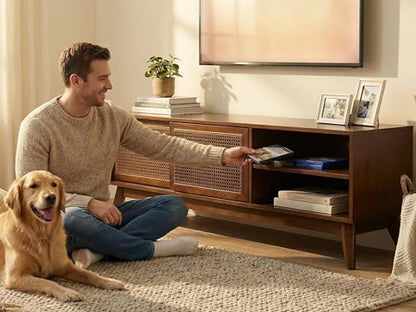 LKTART Boho Mid Century TV Stand,59" Rattan Entertainment Center,Media Console with Solid Wood Legs,Adjustable Feet & Divided Storage,TV Cabinet for 65 Inch TV,Dark Walnut - color: 59" Dark Walnut
