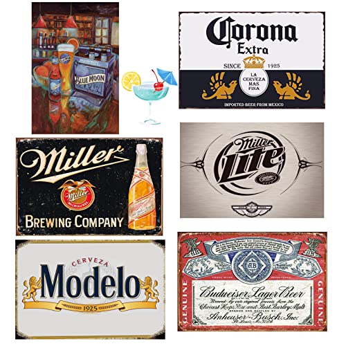 Beer Sign Extravaganza - 6 Piece Metal Wall Decor Set, 8x12 Inch Vintage Signs for Man Cave, Garage, Retro Home Bar - Farmhouse Style Beer Enthusiast Collection - color: Bar05
