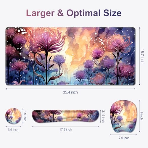 4 in 1 Large Mouse Pad, Keyboard Wrist Rest Set, Ergonomic Mouse Pad with Wrist Support, Desk Mat with Stitched Edges, Extended Desk Pad Waterproof Desk Mat for Home Office I Blossom Purple Flower - color: Blossom Purple Flower