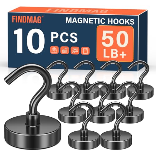 FINDMAG Black Magnetic Hooks, 50lbs Magnet Hooks for Hanging, Magnetic Key Holder for Fridge, Magnets for Classroom, Grill, Camper Accessories, Beach Vacation Essentials, Office Supplies, 10 Pack - color: Black, size: 0.79 inches