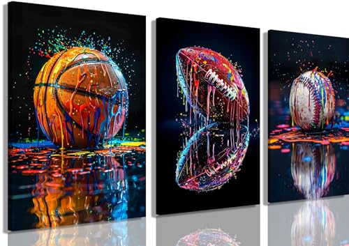 Sports Wall Art Set of 3, Retro Basketball Rugby Football Baseball Canvas Prints, Graffiti Style Print Artwork Ball Painting Wall Decor for Boys Bedroom Game Room Living Room Home Decor24x16 in Framed - color: Watercolor Basketball, size: 24"Lx16"W