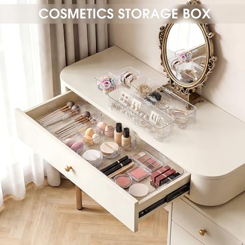 Aneco 14 Pieces Extendable Clear Drawer Organizer Adjustable Vanity Storage Box 4-Size Desk Drawer Divider Acrylic Storage Bins for Makeup, Cosmetic, Jewelries, Bedroom Kitchen Utensils Gadgets