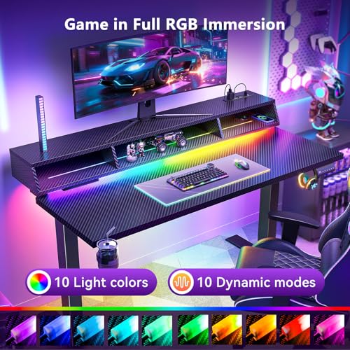 OffiGo Gaming Standing Desk with LED Light, 48 Inch Electric Height Adjustable Table with Power Outlet & Floating Monitor Stand, Sit Stand Computer Workstation for Home, Bedroom, Black