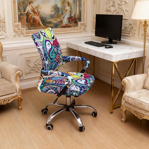 Waterproof Office Chair Cover with Armrest Cover 18Inch Wide Stretch Printed Boho Small Desk Computer Chair Covers with Long Zipper Arm Slipcovers Washable - color: Waterproof-boho, size: Small