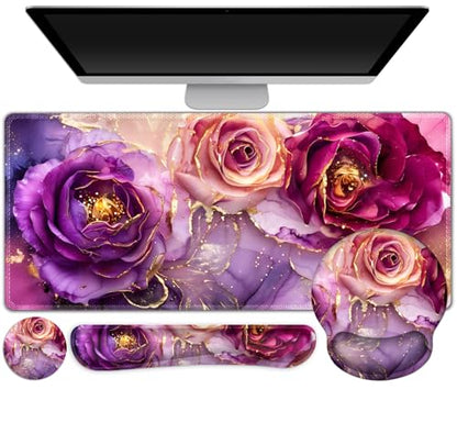 Gaming Mouse Pad, Large Desk Mat, Cute Desk Pad Protector, 4in1 XXL Mousepad + Keyboard Wrist Rest+Mouse Wrist Rest+Coaster Set with Ergonomic Desk Pad for Home Office PC, Marble Rose Purple Flowers - color: Marble Rose Purple Flowers