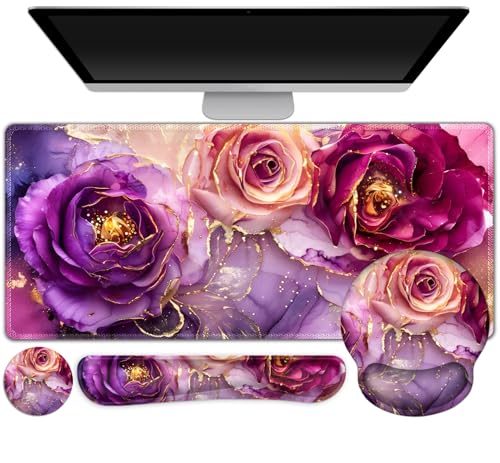 Gaming Mouse Pad, Large Desk Mat, Cute Desk Pad Protector, 4in1 XXL Mousepad + Keyboard Wrist Rest+Mouse Wrist Rest+Coaster Set with Ergonomic Desk Pad for Home Office PC, Marble Rose Purple Flowers - color: Marble Rose Purple Flowers