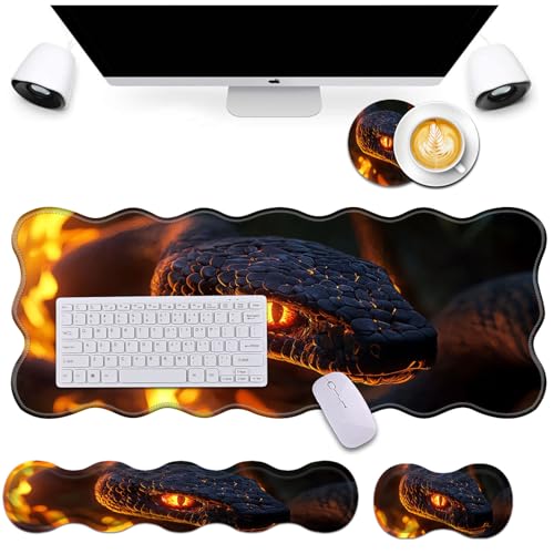 Bxgolkgd Desk Mat Set,Mouse Pad with Keyboard Wrist Rest & Mouse Wrist Rest,Wave-Shaped Design,Non-Slip Rubber Base,Ergonomic Desk Mat for Home,Office,Gaming,Flame and Python - color: Flame and Python