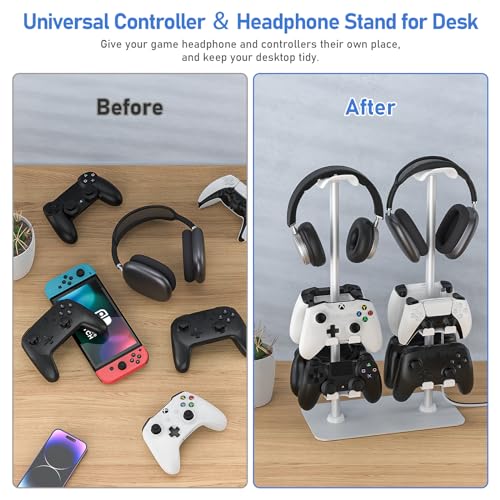 MANMUVIMO Headset Controller Stand for 2 Headset and 8 Controller, Headphone Stand Gaming Controller Holder for PS5 Xbox Airpods Beats Bose, Gaming Room Accessories, Gamer Gifts for Men (White) - size: 2 Headphone 8 Controller Holder White