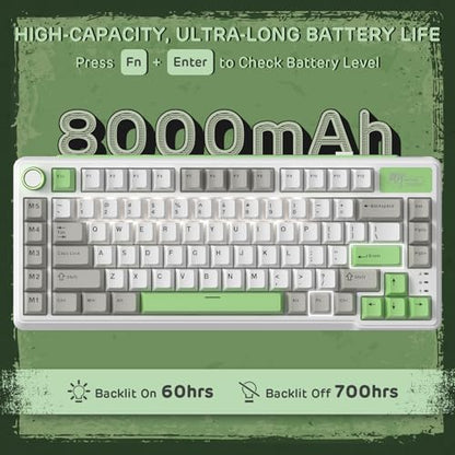 RK ROYAL KLUDGE L75 Gasket Mount Mechanical Keyboard w/Knob/Macro Keys & Touchable Nameplate, Tri-Mode 75% TKL Wireless Keyboard BT/2.4G/USB-C, Hot Swappable, Pro Software, Massive 8000mAh Battery - color: Lemon Green, size: Tactile Beige Switch