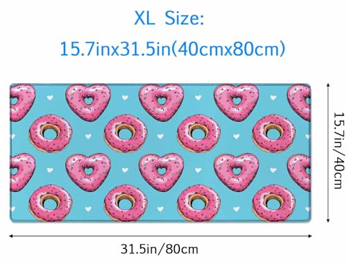Gaming Mouse Pad, Large Pink Heart Donuts Mouse Pads for Desk, Non-Slip Rubber Base Mousepad, Keyboard Mouse Mat Desk Pad with Stitched Edges, 31.5x15.7 inch - color: Pink Heart Donuts, size: 31.5L x 15.7W inches
