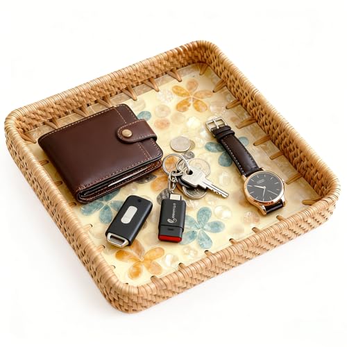 Handwoven Wicker Valet Tray, 8 Inch Square Catch All Organizer for Jewelry, Watches & Keys | Decorative Tray for Nightstand, Desk, Entryway, Coffee Table & Bathroom Counter