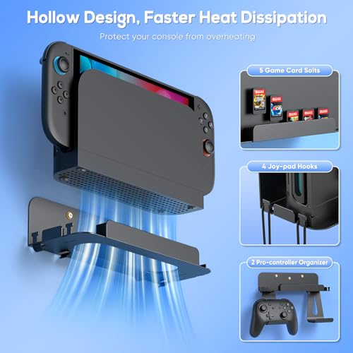 [Switch 2/1/OLED Compatible] Auarte Metal Wall Mount for Nintendo Switch 2 Console 2025, Switch 2 Accessories Organizer Shelf Base Kit Behind TV with Hook for Joypad/P-controller and 5 Card Slots - size: P-controller organizer