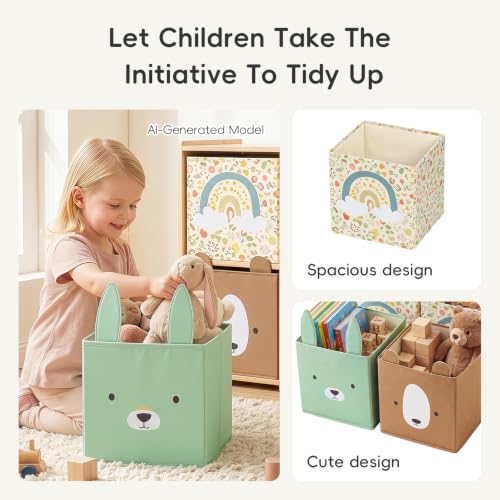 OOOK 4 Pack Foldable Fabric Storage Bins, 11.4" x 10.6" x 11.8" Cute Storage Box, Closet Organizers for Bedroom, Nursery, Shelves & Cube Storage Shelving Units (Bear, Rabbit, Rainbow Pattern)