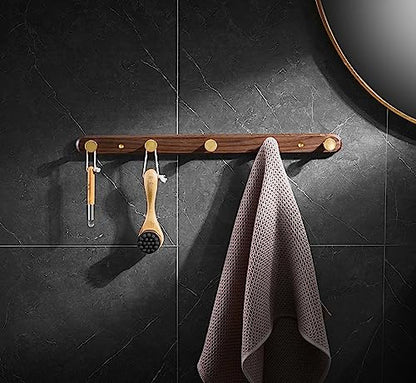 Wall Mounted Coat Rack, Entryway Hanging Coat Rack, Metal Wood Coat Rail with 5 Rustic Hooks Rail for Coat, Scarf, Bag, Towel, Key, Cap, Hat, Walnut Gold Matt - size: 5 Hooks - Round Shape