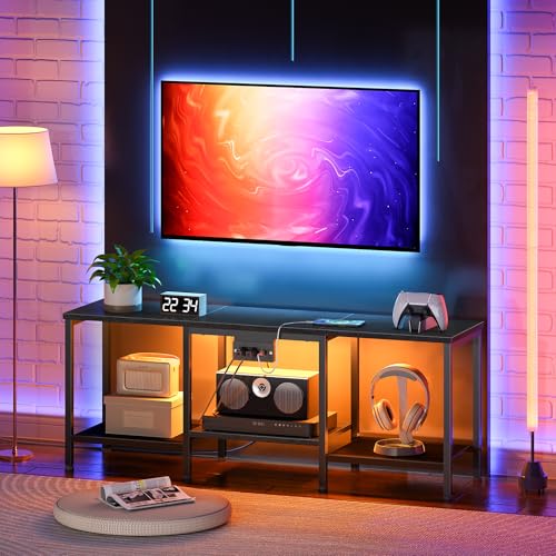 HOOBRO TV Stand with Charging Station to 55 Inches, LED Entertainment Center, Media TV Console Table with Open Storage Shelving for Living Room, Bedroom, Black BB122UDDS01 - color: Black