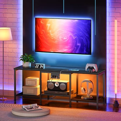 HOOBRO TV Stand with Charging Station to 55 Inches, LED Entertainment Center, Media TV Console Table with Open Storage Shelving for Living Room, Bedroom, Black BB122UDDS01 - color: Black