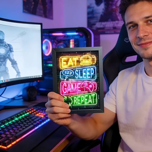 Eat Sleep Game Repeat Neon Wall Art, Framed Canvas Print Painting, Colorful Gamer LED Style Poster with Controller Burger Design, Cool Gaming Room Wall Decor for Boys Teens Bedroom Playroom 8x10 Inch - color: H-Color Game, size: 10"L x 8"W