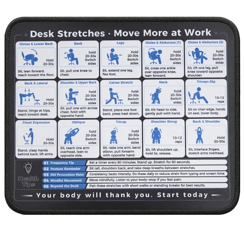 Desk Stretches Mouse Pad, Office Posture Exercise Guide Desk Mat, Non-Slip Smooth Mousepad for RSI Relief Remote Workers Gamers - color: Desk Stretches & Posture