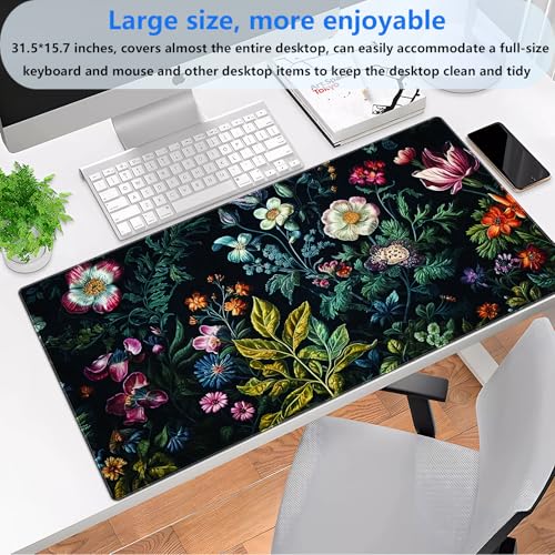 Extended Gaming Mouse Pad XL, Dark Floral Desk Mat 31.5x15.7, Non-Slip | Elegant large desk pad with a vibrant vintage dark botanical flower print. Ideal for aesthetic tech setups. - color: Dark Green Flowers