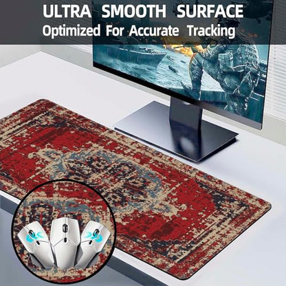 Desk Mat,Boho Carpet Style Large Gaming Mouse Pad XL,Boho Rug Desk Pad,Extended Big Computer Keyboard Mouse Pad with Non-Slip Base and Stitched Edges 31.5"x11.8" - color: Boho Carpet Style-2, size: XL-31.5"x11.8"
