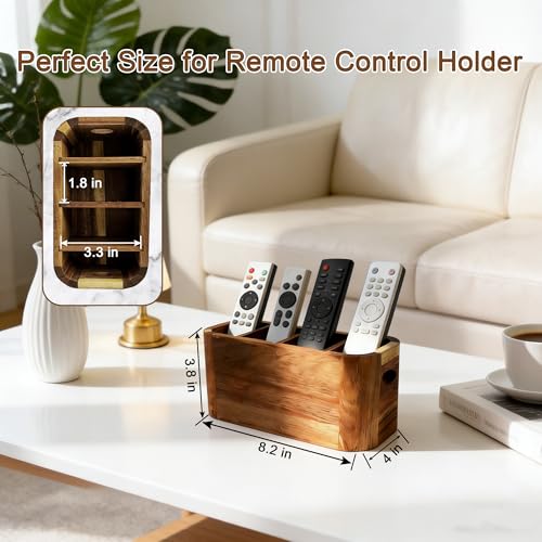 Acacia Wood Remote Control Holder, TV Remote Holder - 4 Compartment Remote Control Storage Organizer, Small Wooden Desktop Caddy for Coffee Table, Nightstand, Living Room, Office, Vanity