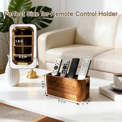 Acacia Wood Remote Control Holder, TV Remote Holder - 4 Compartment Remote Control Storage Organizer, Small Wooden Desktop Caddy for Coffee Table, Nightstand, Living Room, Office, Vanity