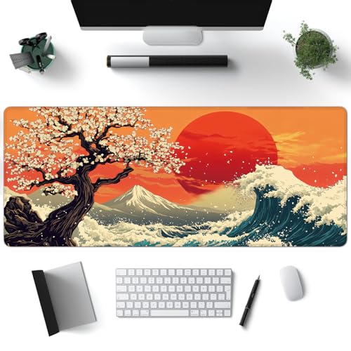 Desk Mat, Japanese Sea Wave XXL 35.4"x15.7"Large Gaming Mouse Pad, 3mm Thick Gaming Keyboard Pad,Desk Pad Non-Slip Rubber Base with Stitched Edges for Office Game Home Decor - color: Japanese Sea Wave