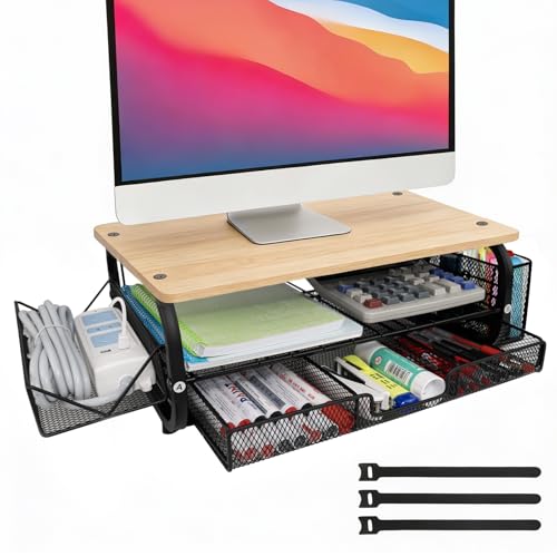 Desk Organizers and Accessories Monitor Riser, Monitor Stand with Drawer (2-Tier Drawers) with Large Side Storage Rack & Cable Management,66LBS/30KG, Office Organization, Oak - color: Oak