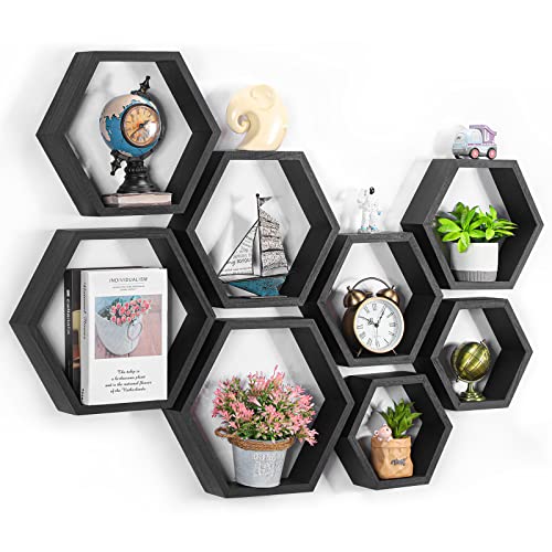 CADUKE Hexagon Shelves for Wall Hexagonal Floating Shelves Set of 8 Honeycomb Wood Shelves for Wall Decor, Hanging Plants Shelf for Living Room Storage Hexagon Racks for Bedroom, Black - color: Black, size: 8 Pack